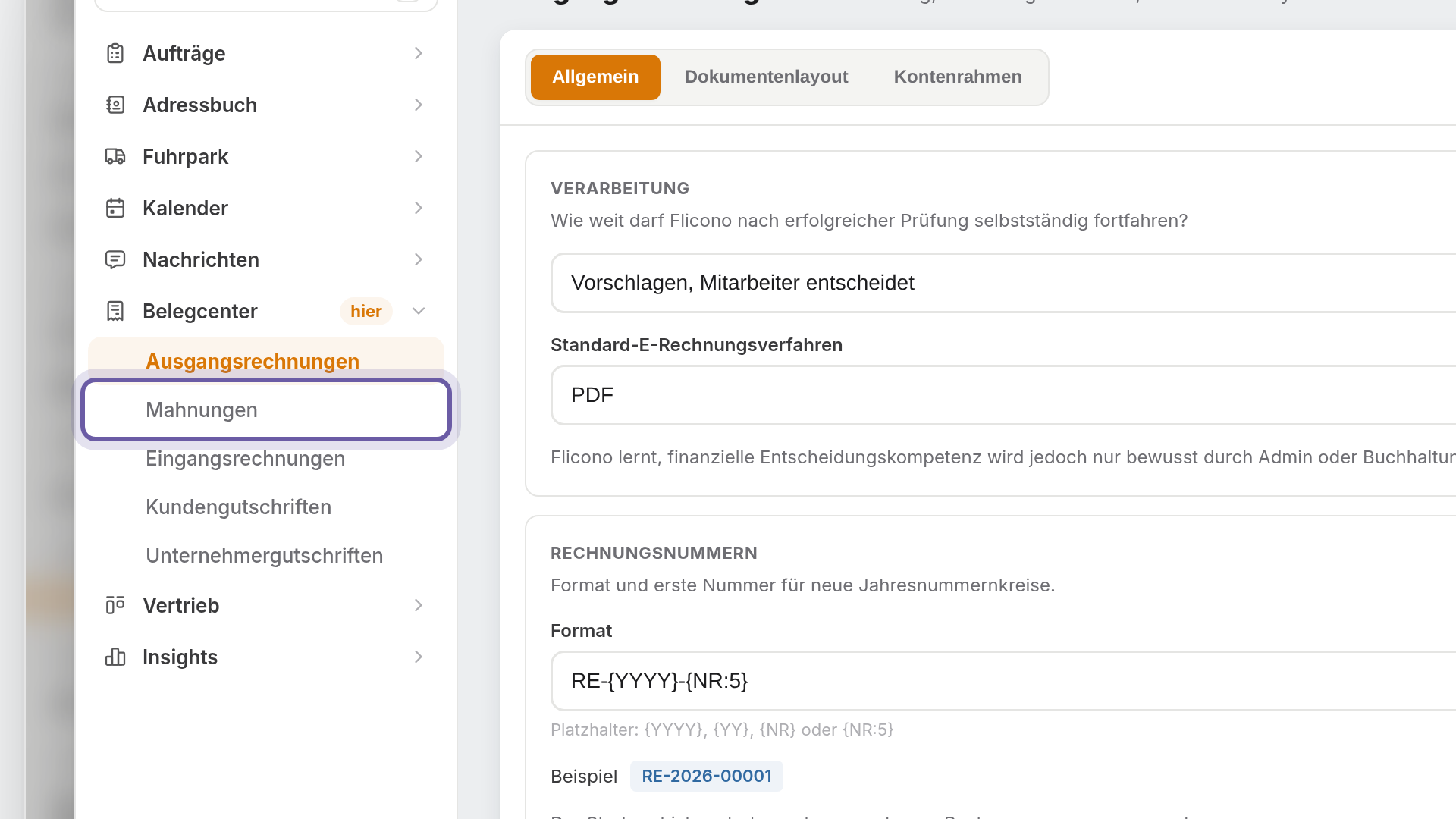 Mahnungen öffnen: Ansicht in flicono