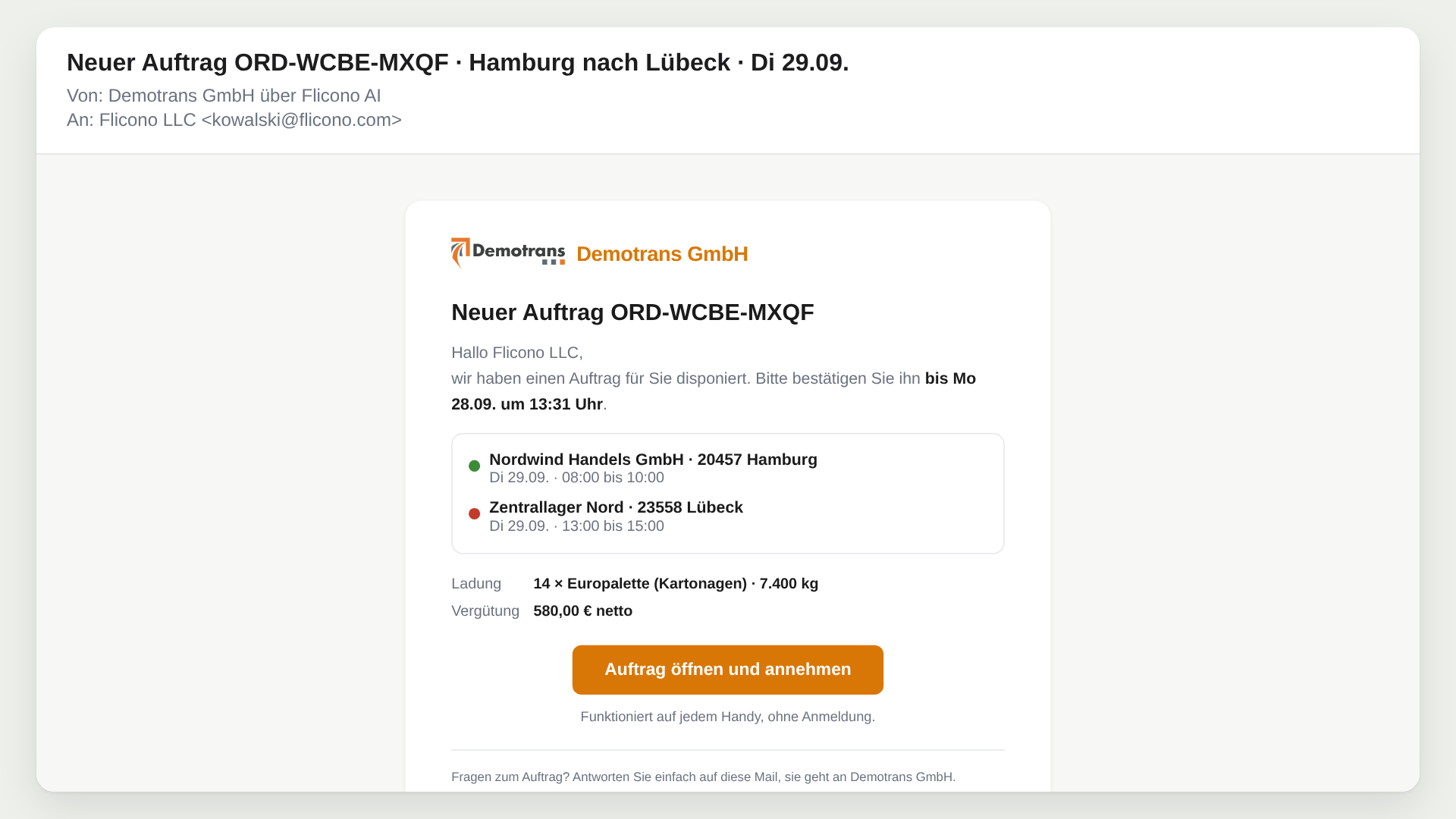 Mail an den Unternehmer: Ansicht in Flicono